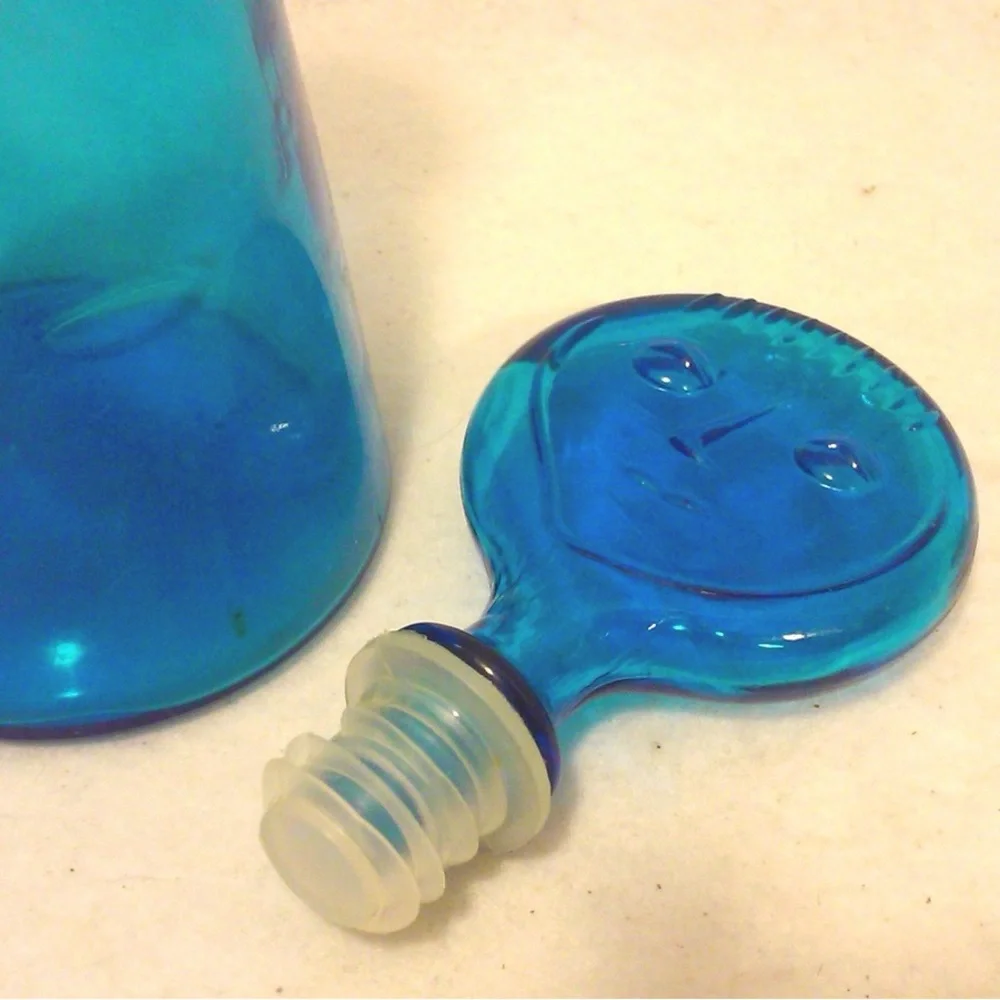 Vintage Blue Glass Art Glass Face Decanter Bottle
